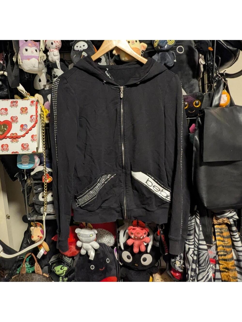 Bebe Black Rhinestone Zip Hoodie Y2K Glam